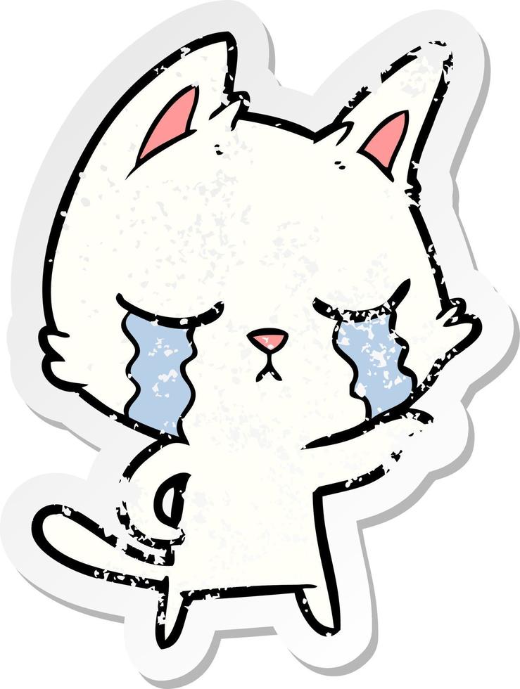 distressed sticker of a crying cartoon cat vector