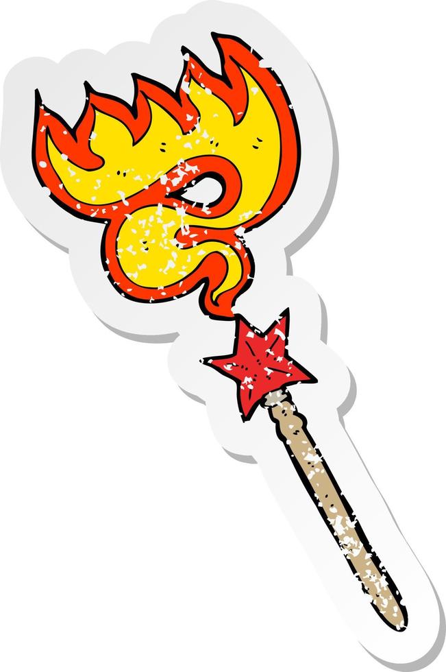 pegatina retro angustiada de una varita mágica de dibujos animados lanzando un hechizo de fuego vector