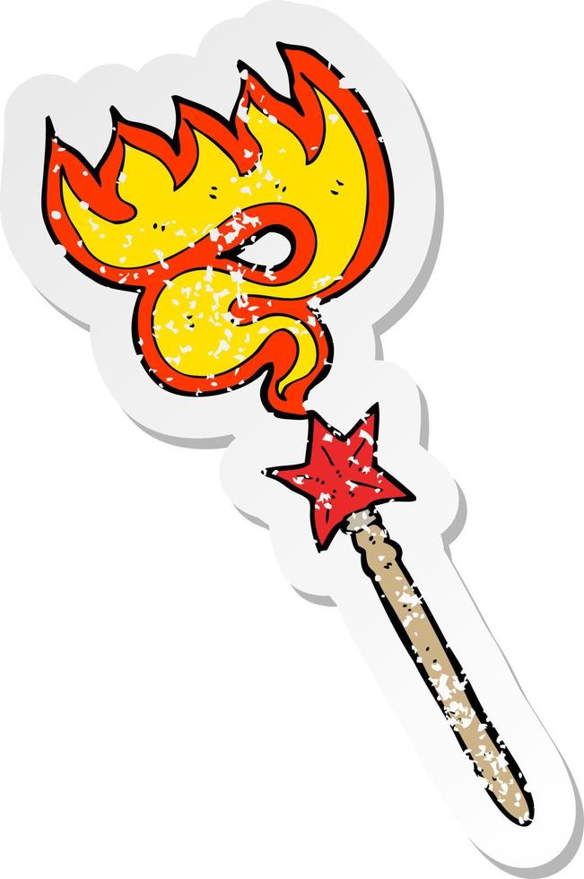 retro distressed sticker of a cartoon magic wand casting fire spell vector