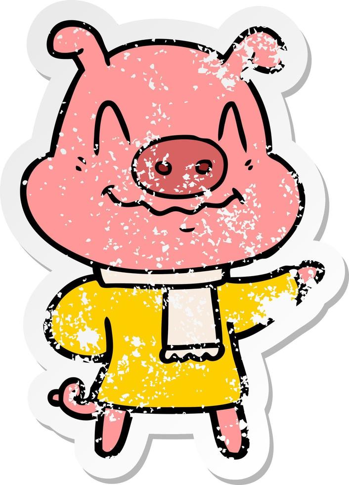 distressed sticker of a nervous cartoon pig wearing scarf vector