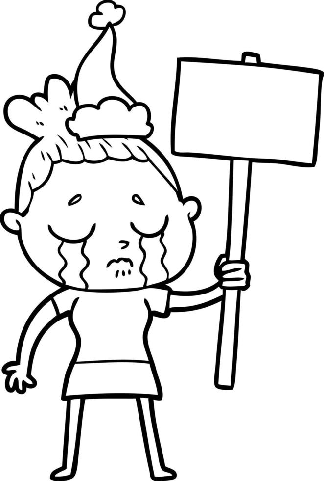 line drawing of a crying woman with protest sign wearing santa hat vector