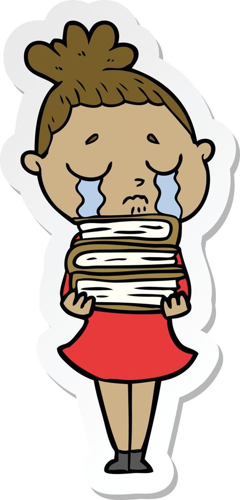 sticker of a cartoon crying woman with stack of books vector