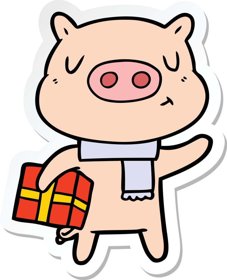 sticker of a cartoon christmas pig vector