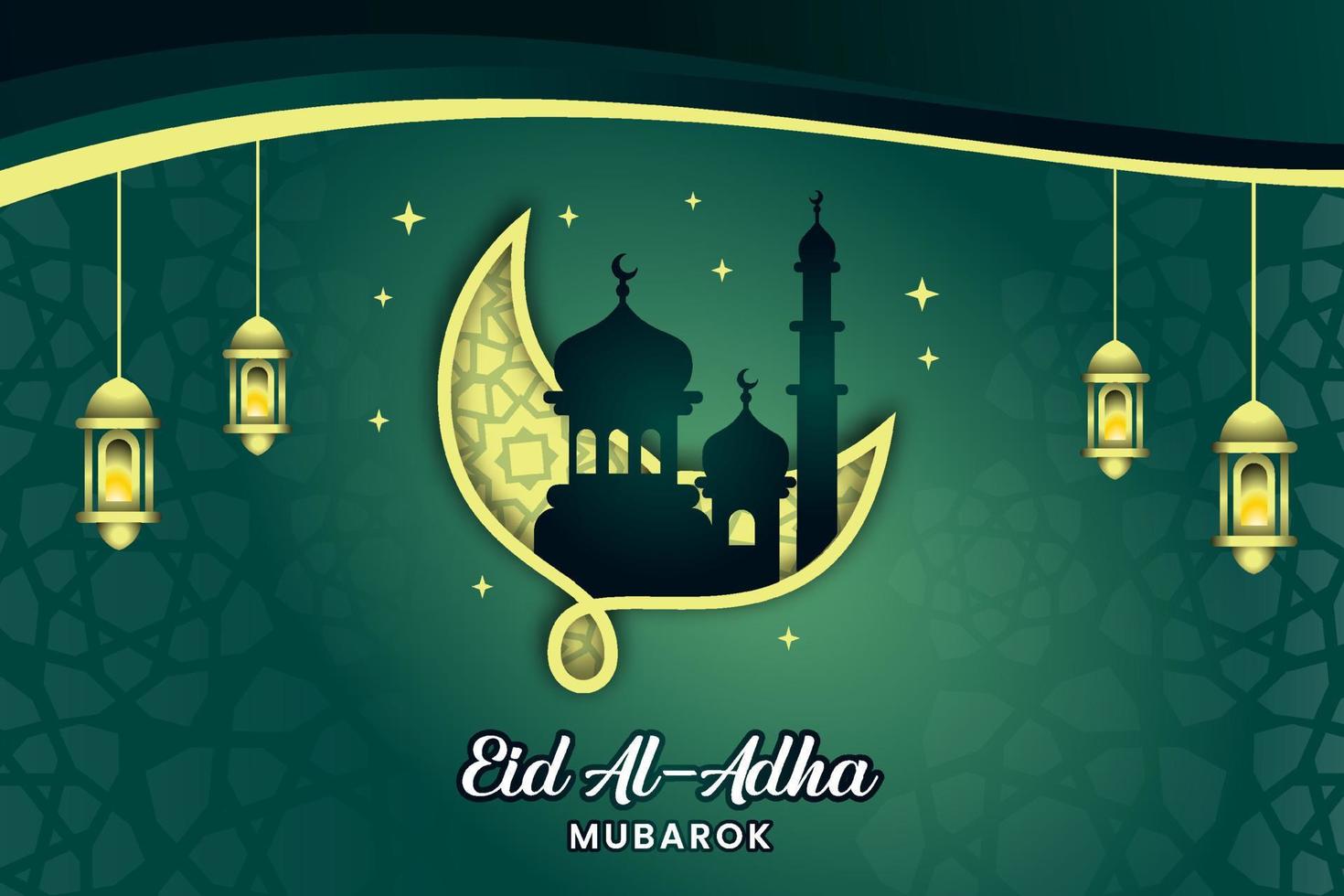 diseño vectorial de plantilla de banner eid al-adha con fondo verde islámico y motivo lunar, mezquita vector