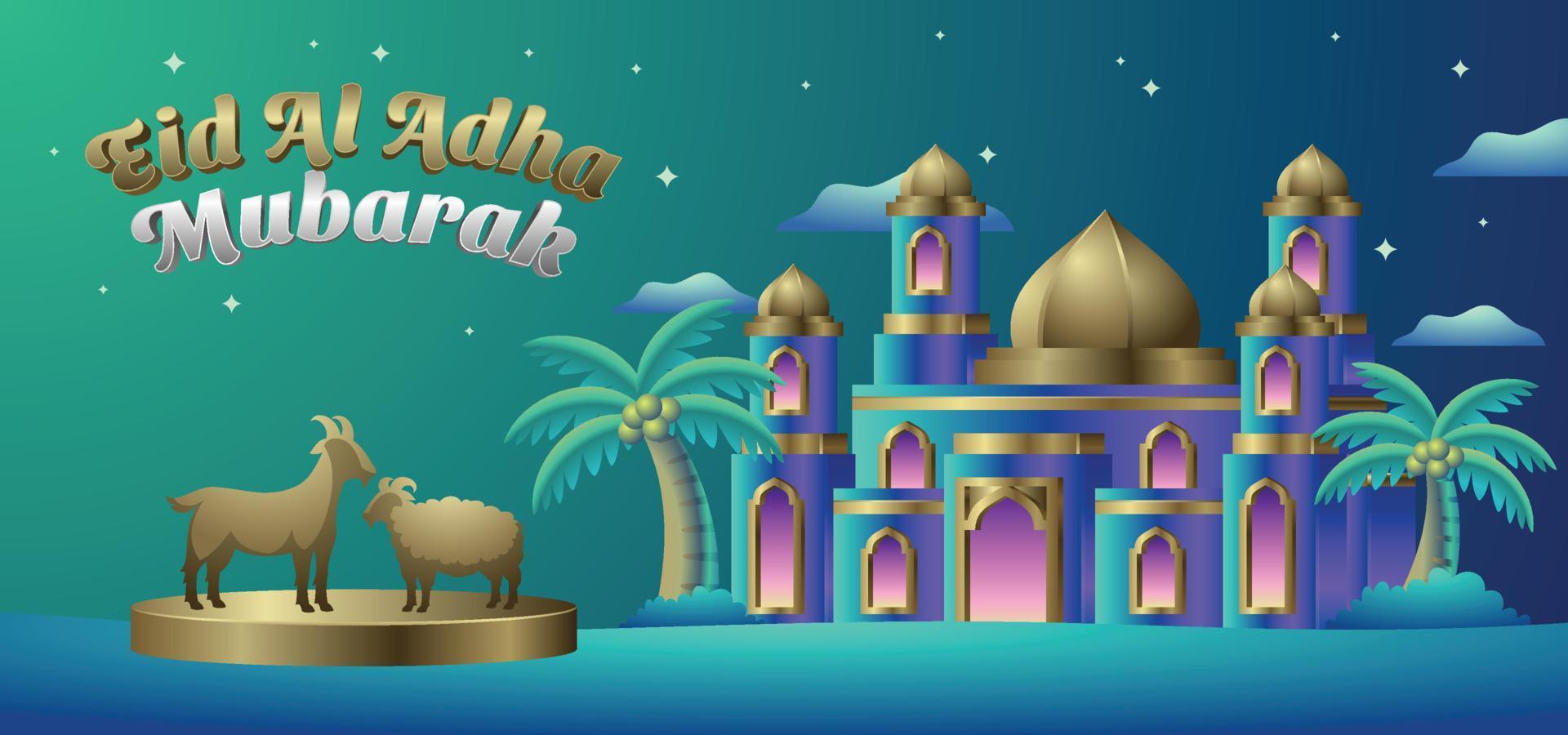 plantilla de banner de elegancia eid al adha mubarak con hermosa mezquita 3d vector