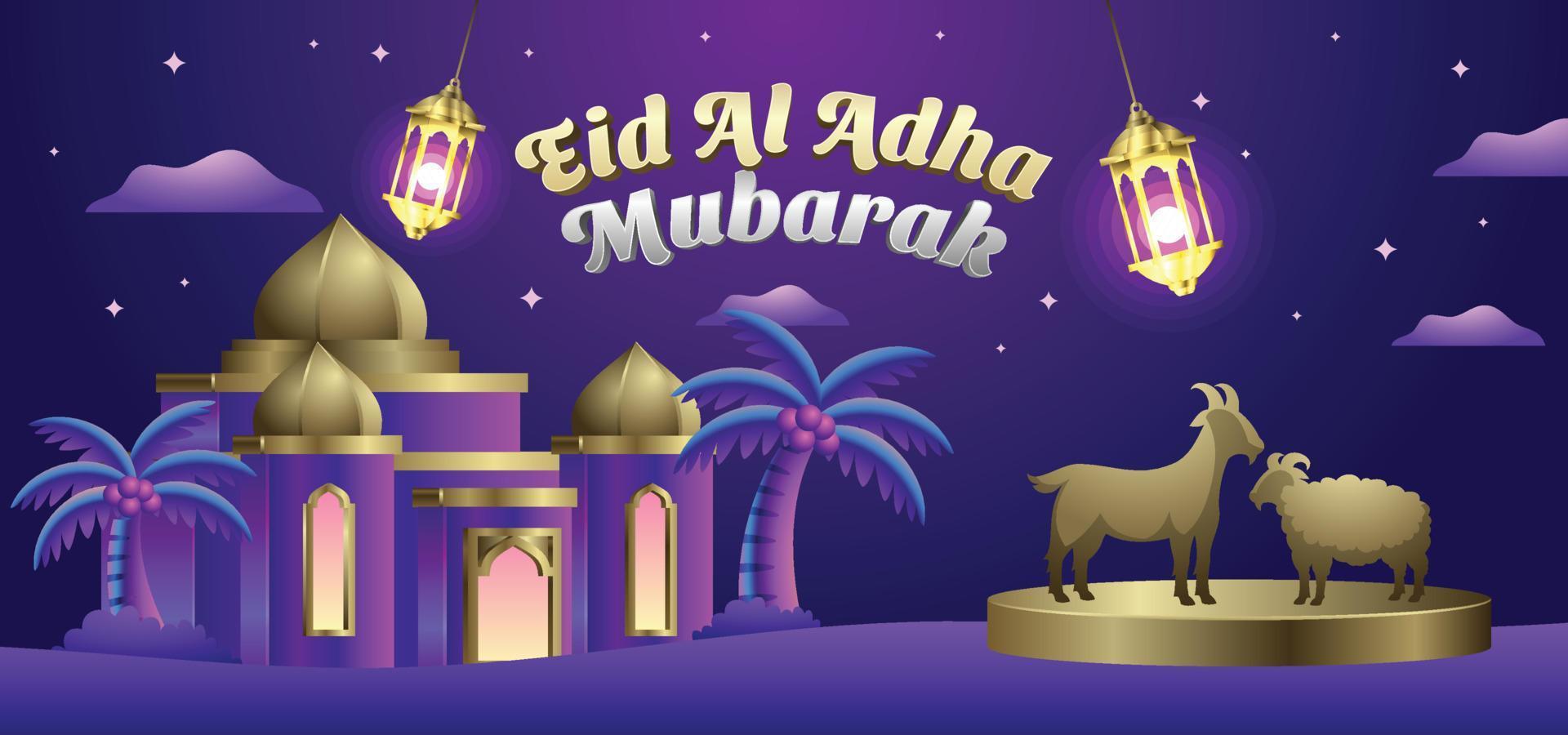 plantilla de banner de eid al adha mubarak con hermosa ilustración de paisaje de mezquita en 3d vector