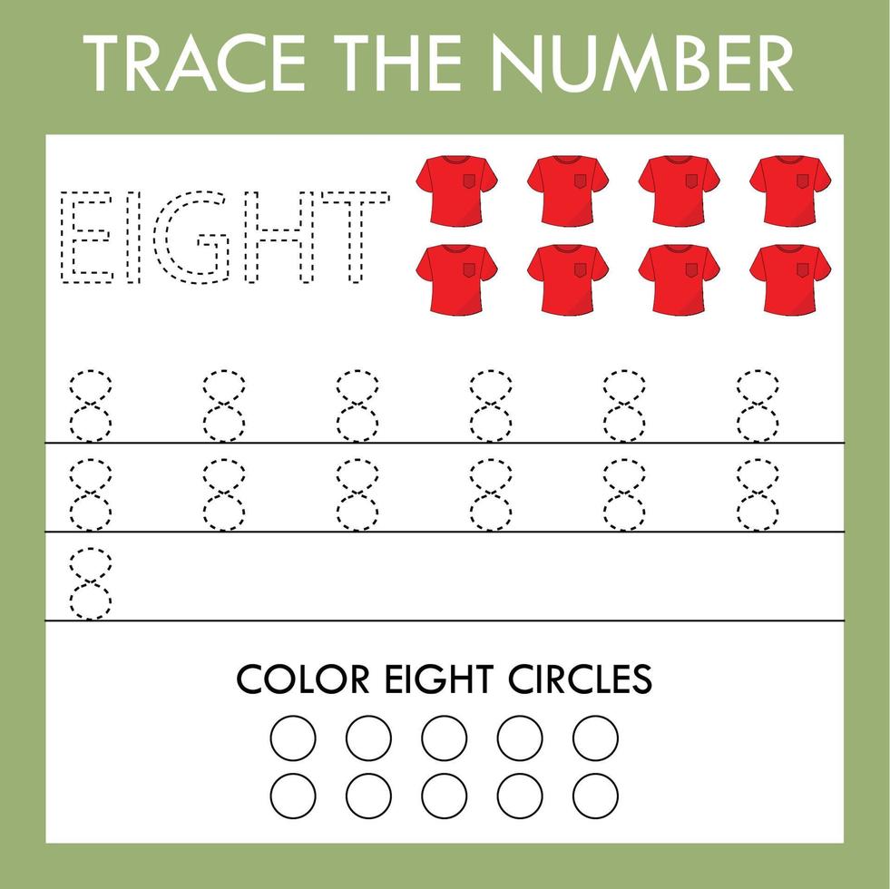 Number eight stroke worksheet with t shirt  for fine motor skills kids. Educational game for preschoolers. vector