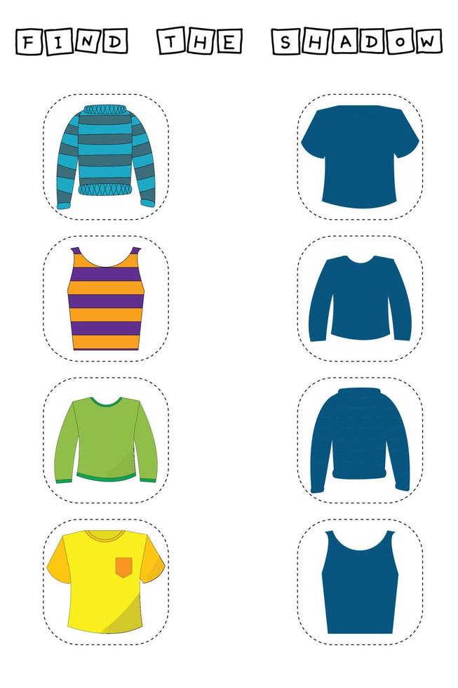 Find correct shadow with  sweaters, t shirt, long sleeve. vector
