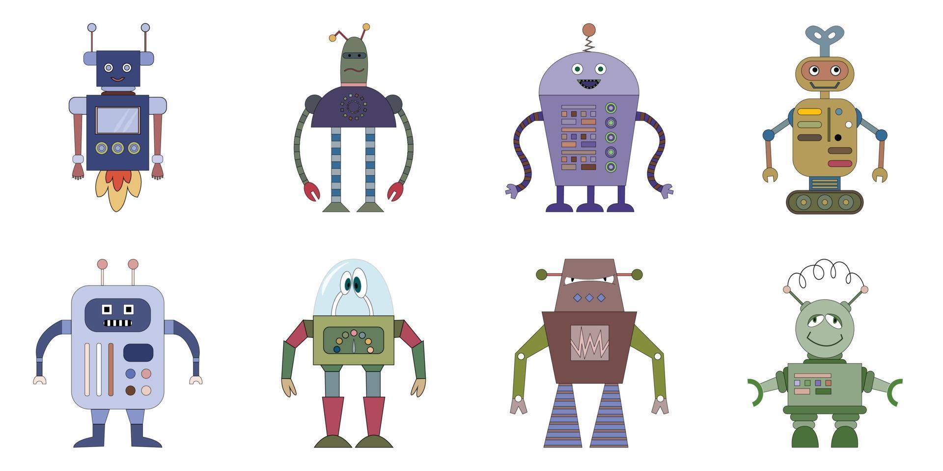 A set of eight multi colored robots on a white background. Children's robo background. Color cute childish drawing. vector