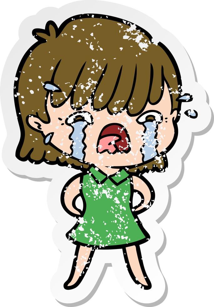 distressed sticker of a cartoon girl crying vector