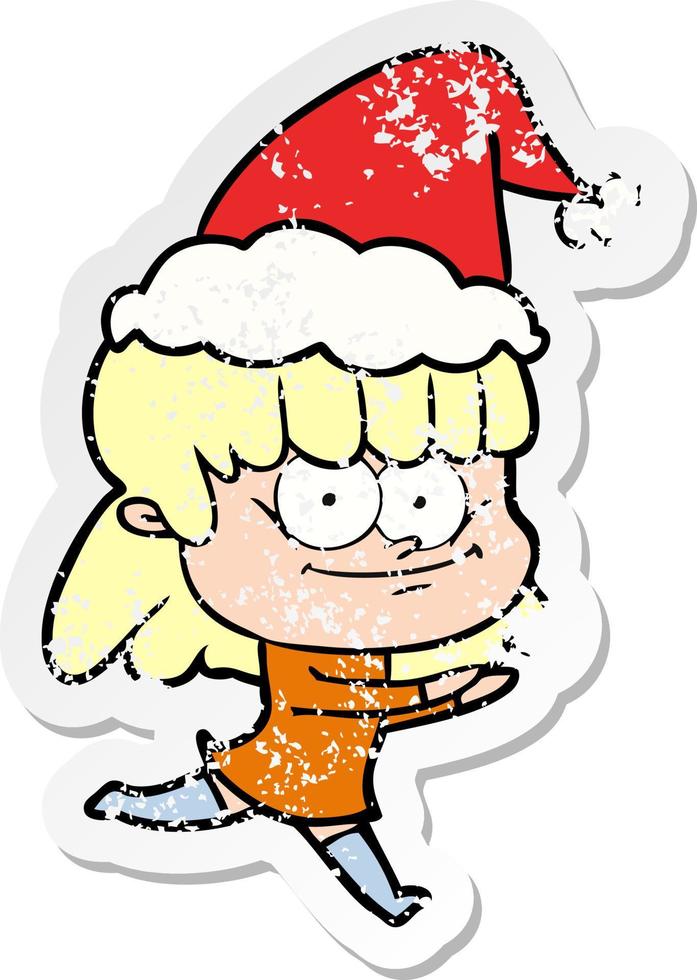 distressed sticker cartoon of a smiling woman wearing santa hat vector