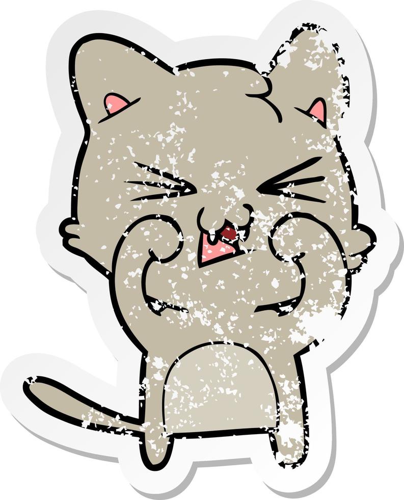 distressed sticker of a cartoon hissing cat vector