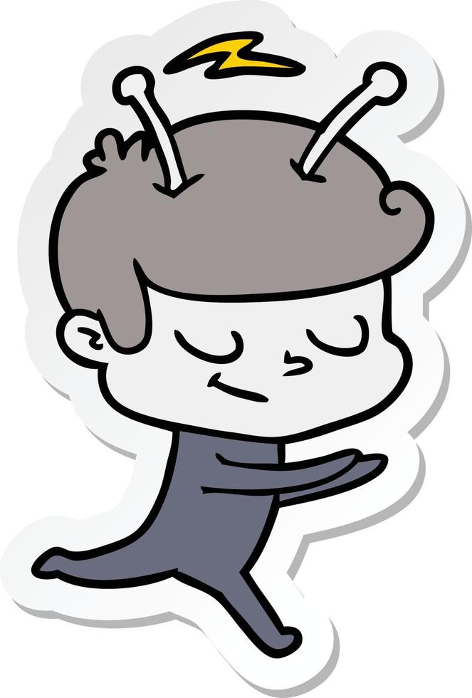 sticker of a friendly cartoon spaceman running vector