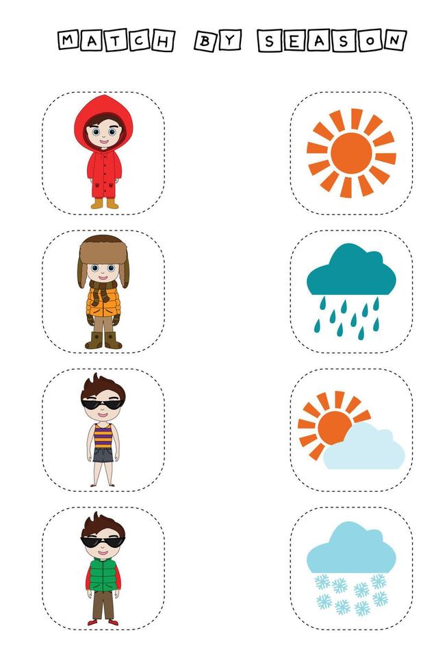 haga coincidir al niño con diferentes prendas de temporada con el clima. juego educativo para niños. vector