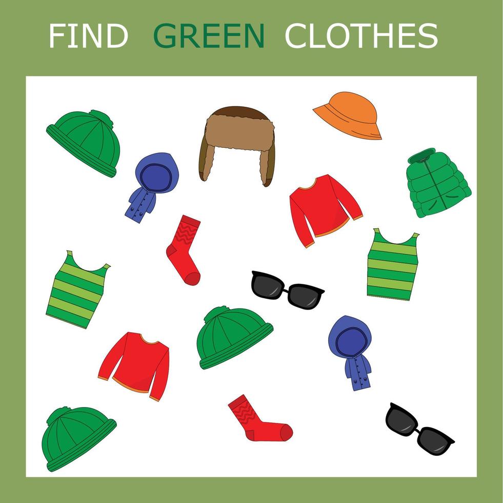 encuentra el personaje de ropa verde entre otros. buscando verde. juego de lógica para niños. vector