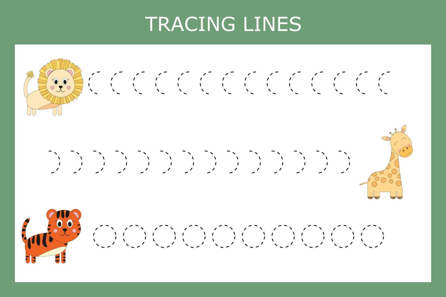 Trace line worksheet with animals for kids, practicing fine motor skills.  Educational game for preschool children. vector