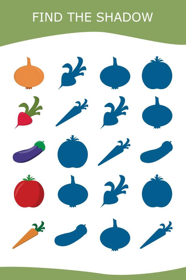 Find a shadow  vegetables.  Preschool worksheet, kids activity worksheet, printable worksheet vector