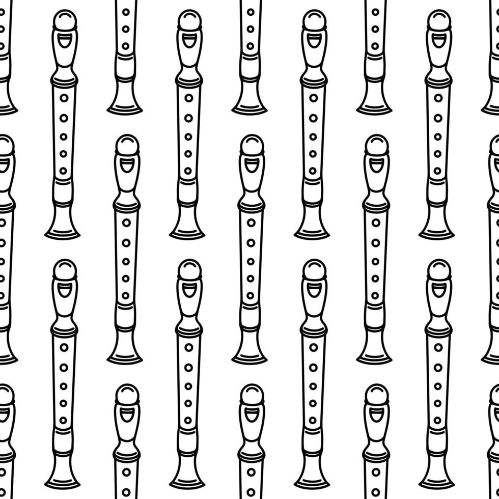 Block flute seamless vector pattern. Hand drawn wooden or metal musical instrument. Pipe, clarinet isolated on white backdrop. Device for classical melodies, folk. Black and white background