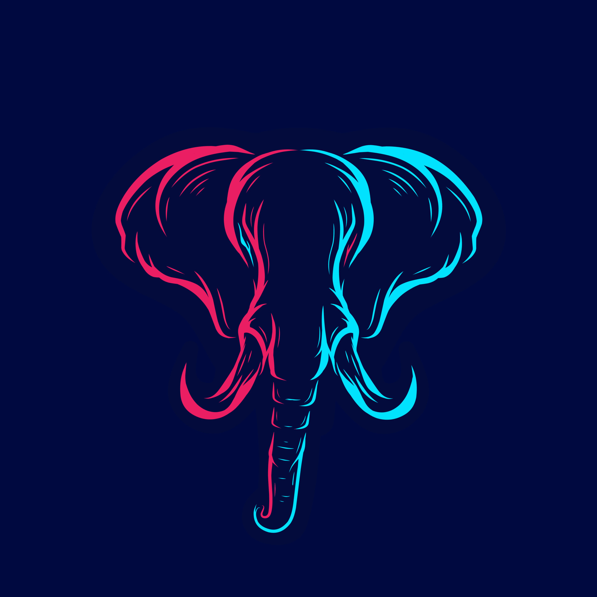 Elephant art logo vector. Animal neon design with dark background