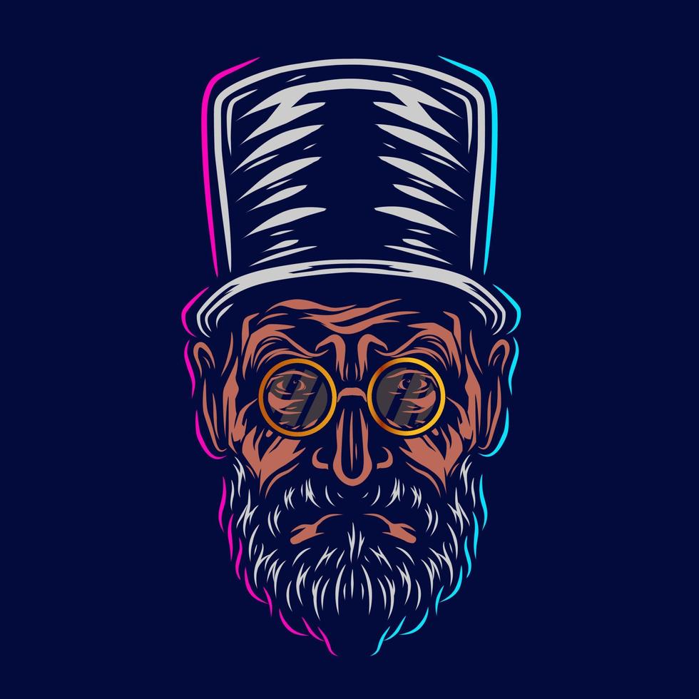 Old man bearded line art logo. Colorful design with dark background. Abstract vector illustration. Isolated with navy background for t-shirt, poster, clothing, merch, apparel.