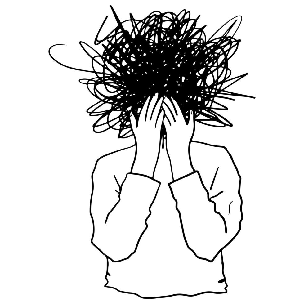 hand drawn of man with anxiety touch head surrounded by think Mental disorder and chaos in consciousness, finding answers, confusion concept. vector
