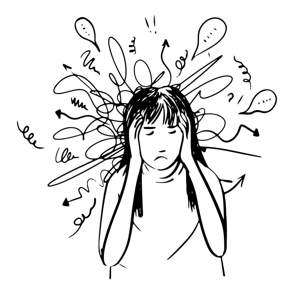 hand drawn of Girl with anxiety touch head surrounded by think Mental disorder and chaos in consciousness, finding answers, confusion concept. vector