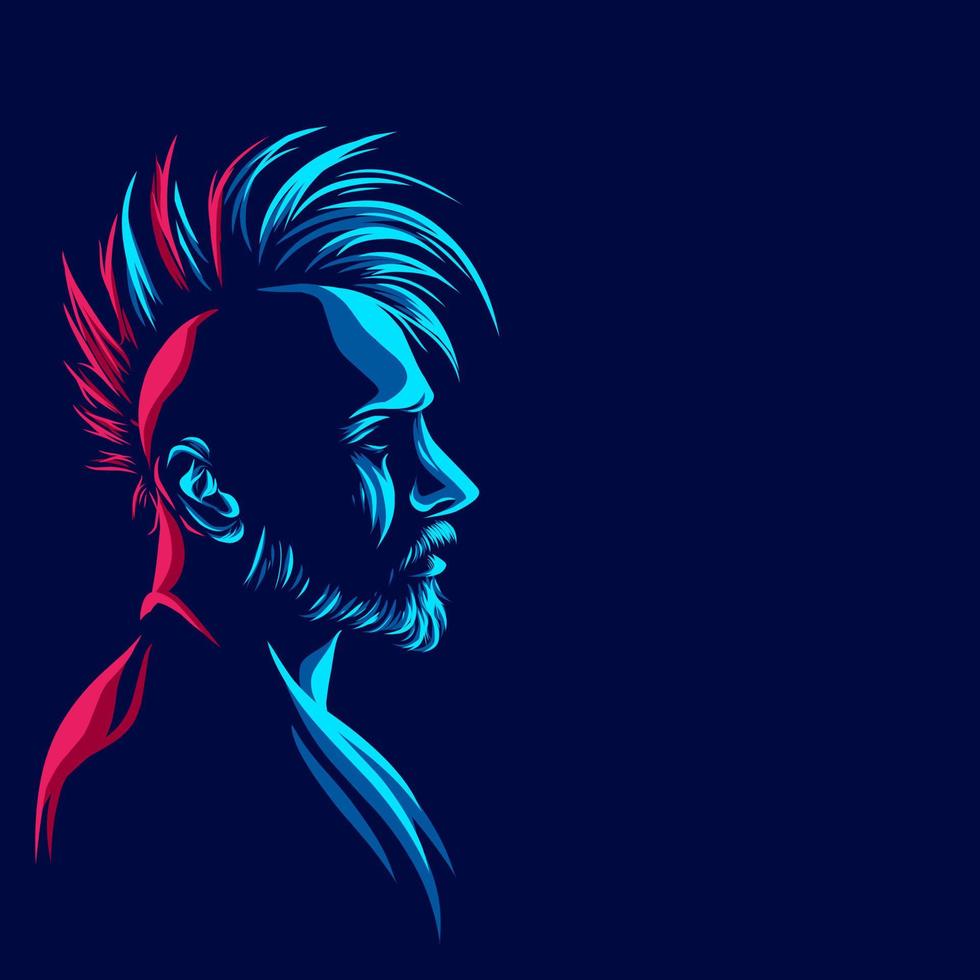 línea de hombre punk. logotipo de arte pop. diseño colorido con fondo oscuro. ilustración vectorial abstracta. fondo negro aislado para camiseta, afiche, ropa, merchandising, ropa, diseño de placa vector