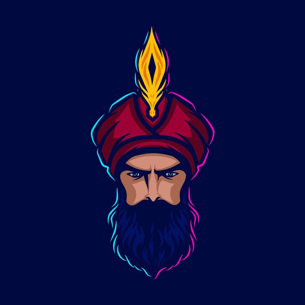 Sultan arabian king logo vector line neon art potrait colorful design with dark background. Abstract graphic illustration. Isolated black background for t-shirt