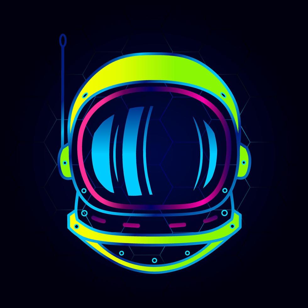 Astronaut explore the galaxy vector neon art logo. Astronomy universe colorful design with dark background. Abstract graphic illustration. Isolated black background for t-shirt, poster, clothing.