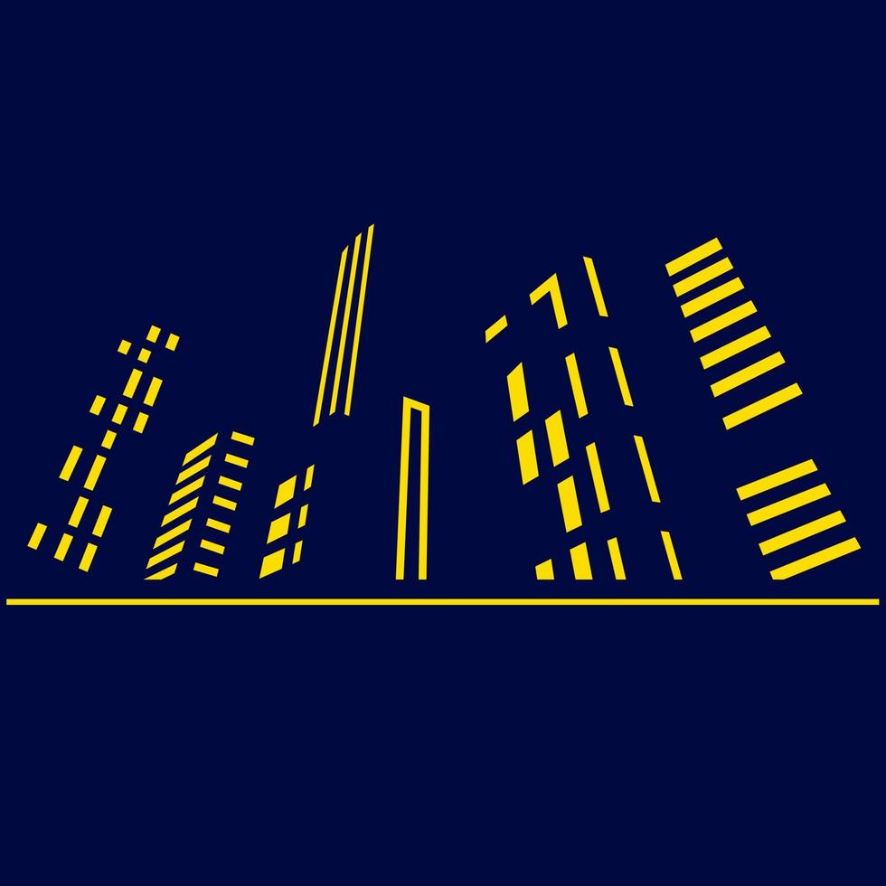 City town night lights line art design skyline with buildings, towers. Cityscape glowing neon, architecture vector illustration.