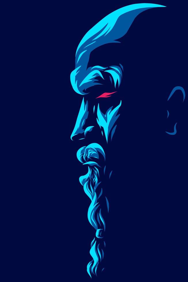 Old man bearded line art logo. Colorful design with dark background. Abstract vector illustration. Isolated with navy background for t-shirt, poster, clothing, merch, apparel.