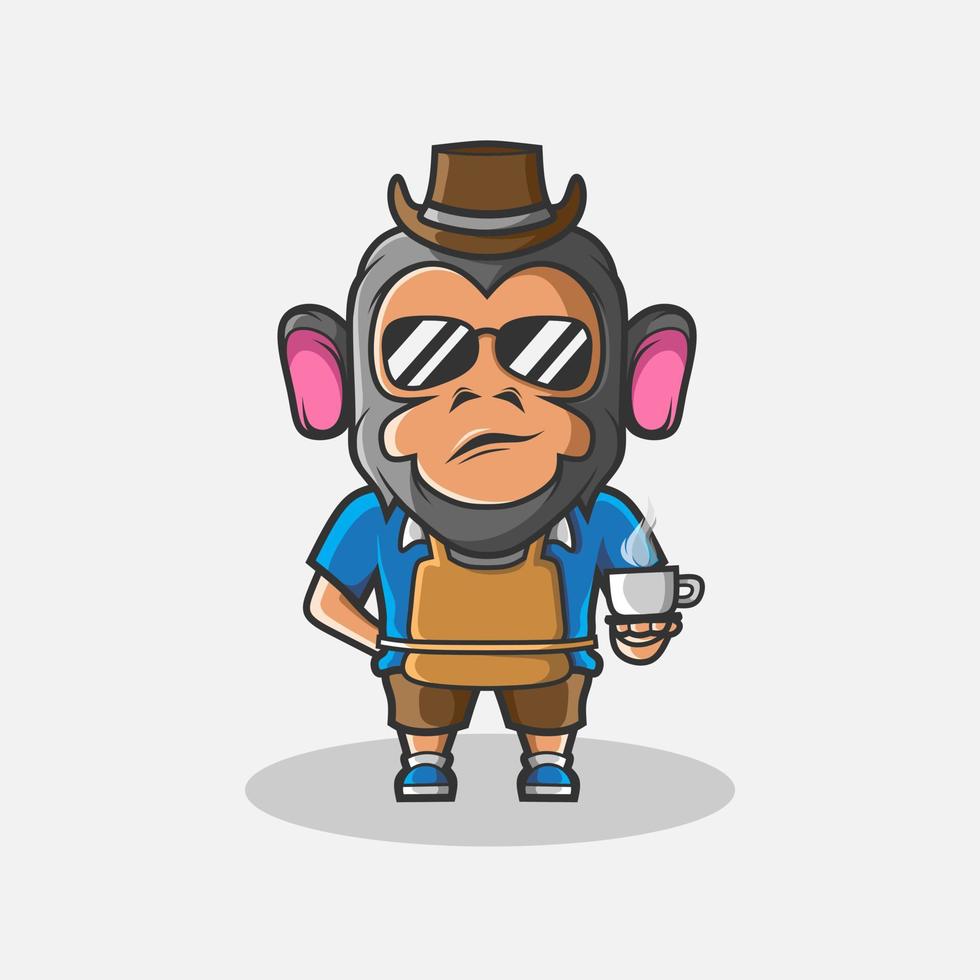 Cute coffee barista monkey character illustration. Simple animal vector design. Isolated with soft background.