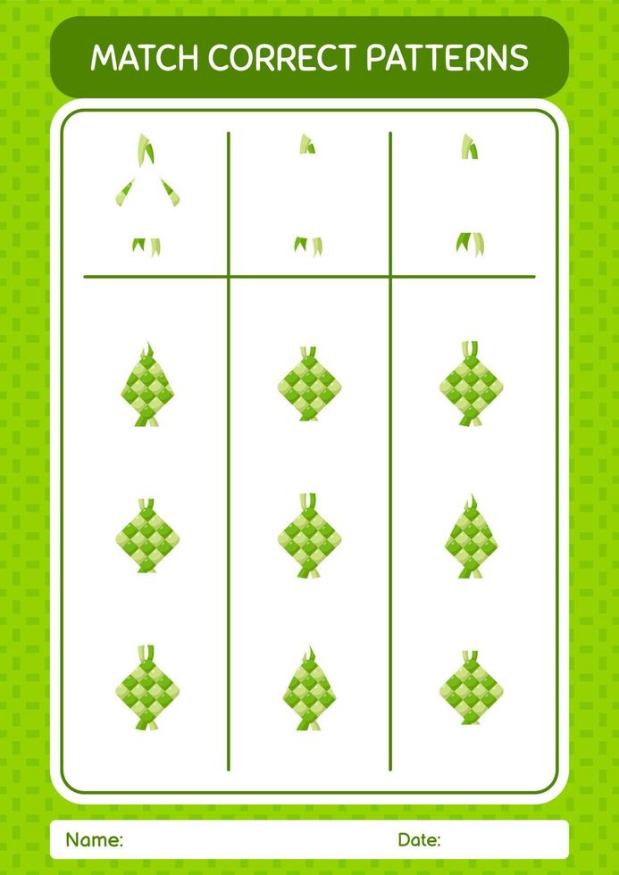 juego de patrones de coincidencia con ketupat. hoja de trabajo para niños en edad preescolar, hoja de actividades para niños vector