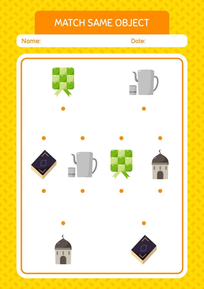 Match with same object game ramadan icon. worksheet for preschool kids, kids activity sheet vector