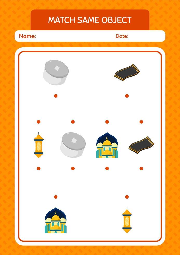 Match with same object game ramadan icon. worksheet for preschool kids, kids activity sheet vector