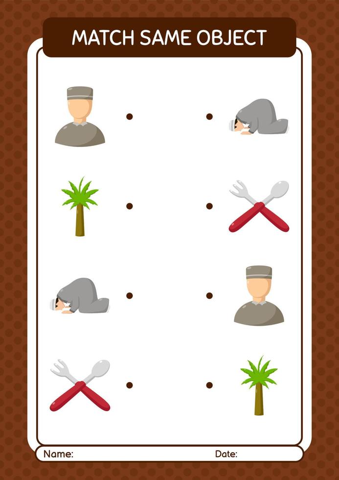 Match with same object game ramadan icon. worksheet for preschool kids, kids activity sheet vector