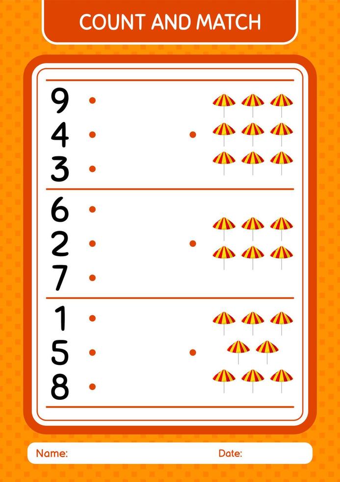 Count and match game with umbrella. worksheet for preschool kids, kids activity sheet vector