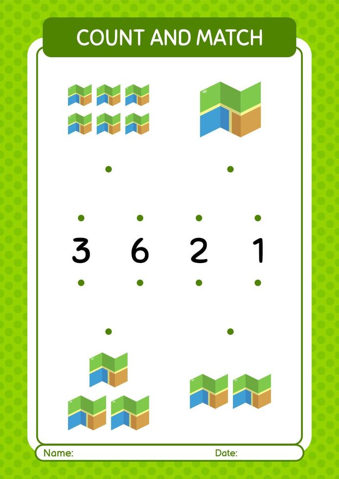 Count and match game with map. worksheet for preschool kids, kids activity sheet vector