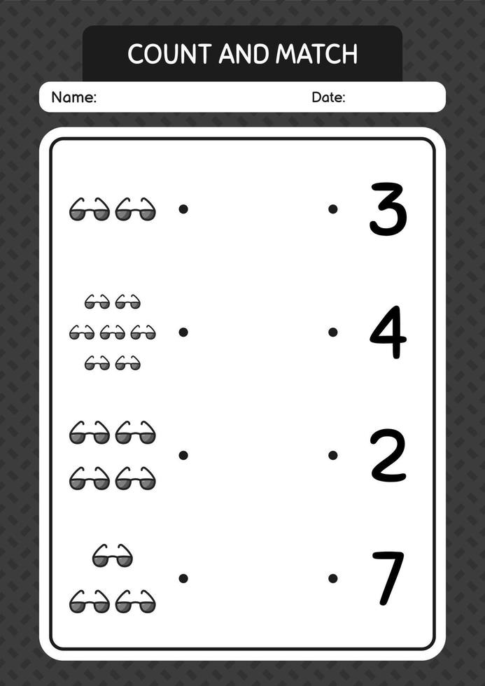 juego de contar y combinar con gafas de sol. hoja de trabajo para niños en edad preescolar, hoja de actividades para niños vector