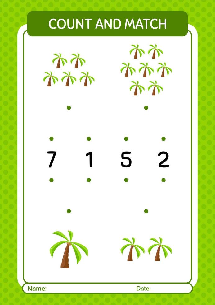 Count and match game with coconut tree. worksheet for preschool kids, kids activity sheet vector