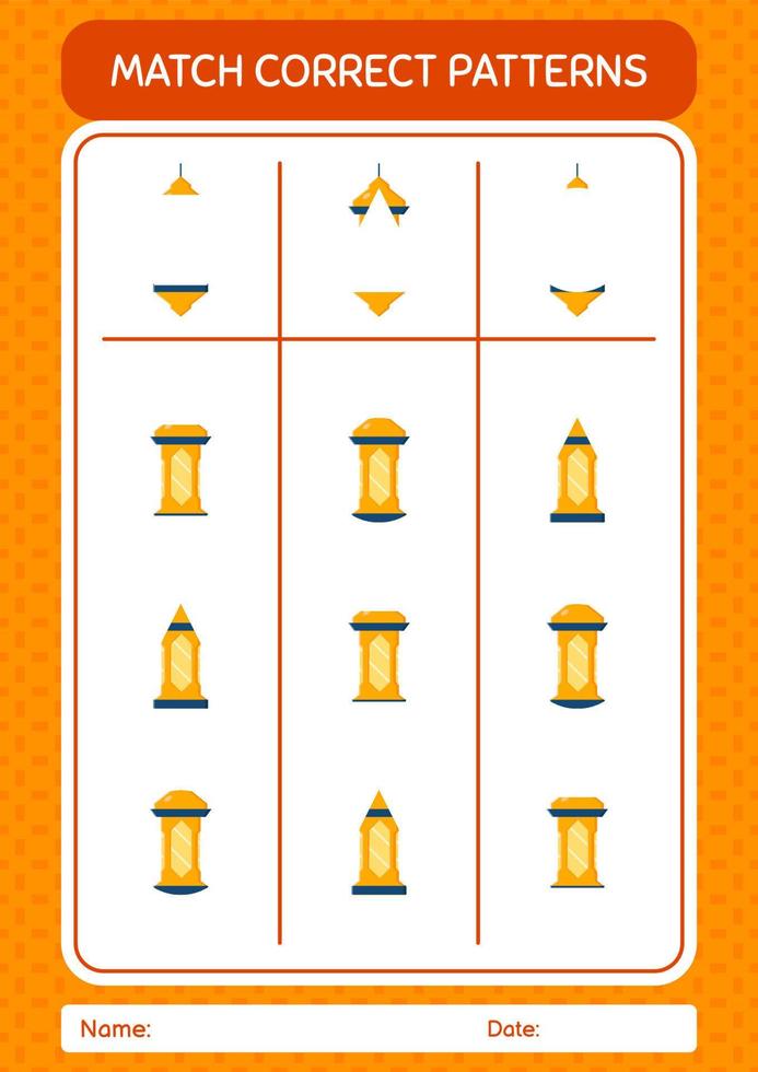 Match pattern game with arabic lantern. worksheet for preschool kids, kids activity sheet vector