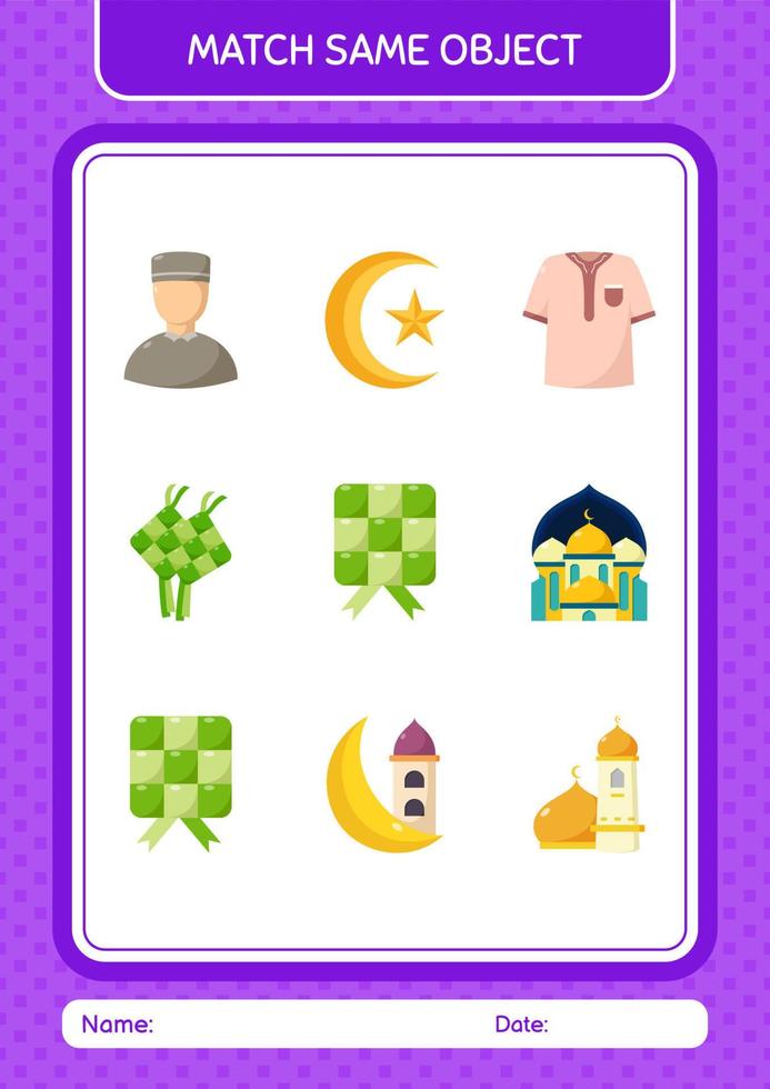Match with same object game ramadan icon. worksheet for preschool kids, kids activity sheet vector