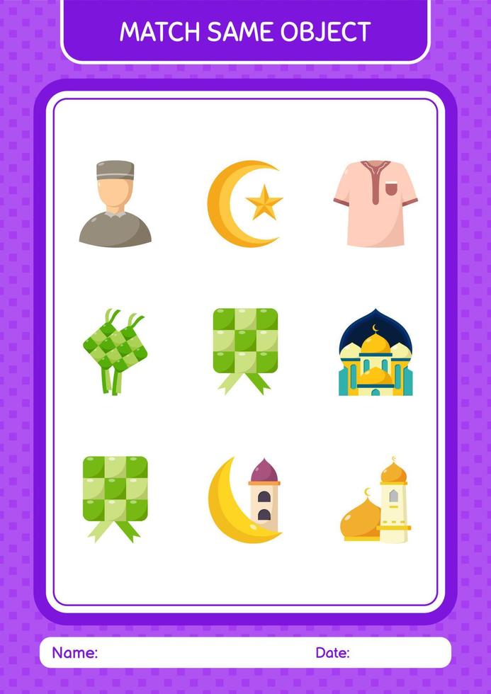 combinar con el mismo icono de Ramadán del juego de objetos. hoja de trabajo para niños en edad preescolar, hoja de actividades para niños vector