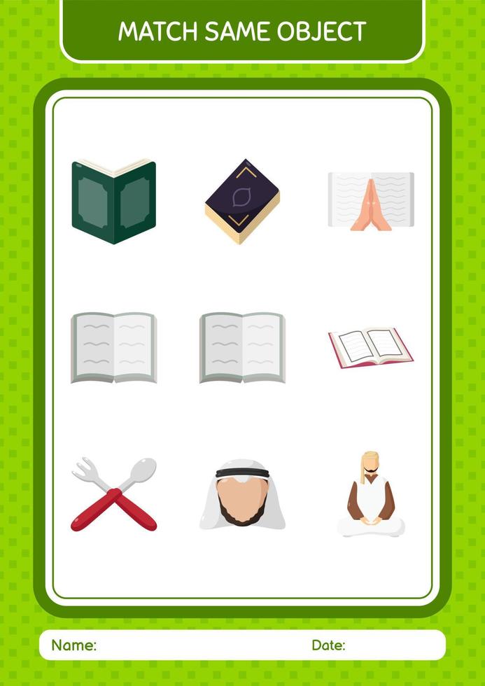 Match with same object game ramadan icon. worksheet for preschool kids, kids activity sheet vector