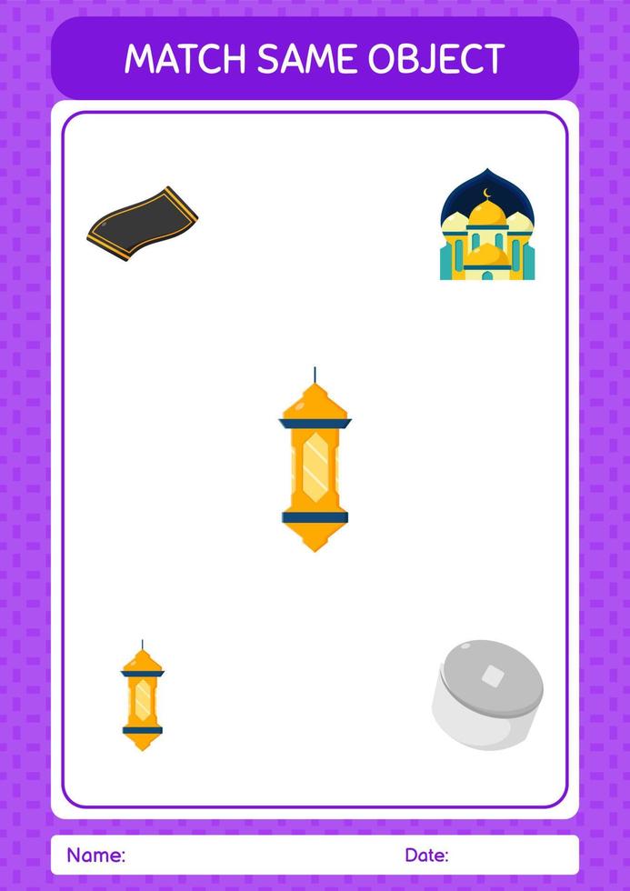 Match with same object game ramadan icon. worksheet for preschool kids, kids activity sheet vector