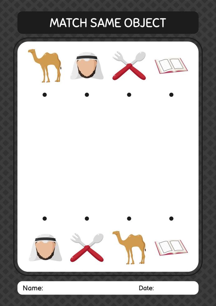 Match with same object game ramadan icon. worksheet for preschool kids, kids activity sheet vector