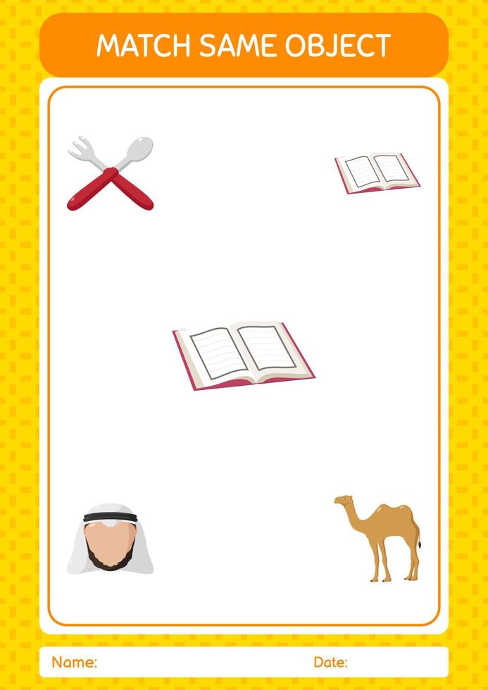 Match with same object game ramadan icon. worksheet for preschool kids, kids activity sheet vector