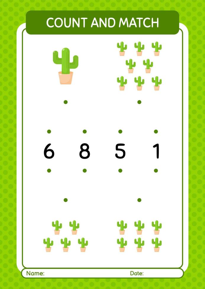 Count and match game with cactus. worksheet for preschool kids, kids activity sheet vector