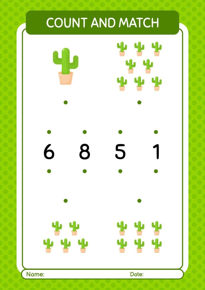 juego de contar y combinar con cactus. hoja de trabajo para niños en edad preescolar, hoja de actividades para niños vector