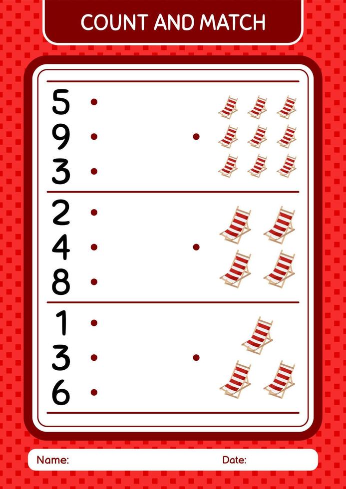 Count and match game with beach bench. worksheet for preschool kids, kids activity sheet vector